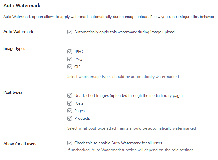 Easy Watermark auto watermark feature settings panel in WordPress