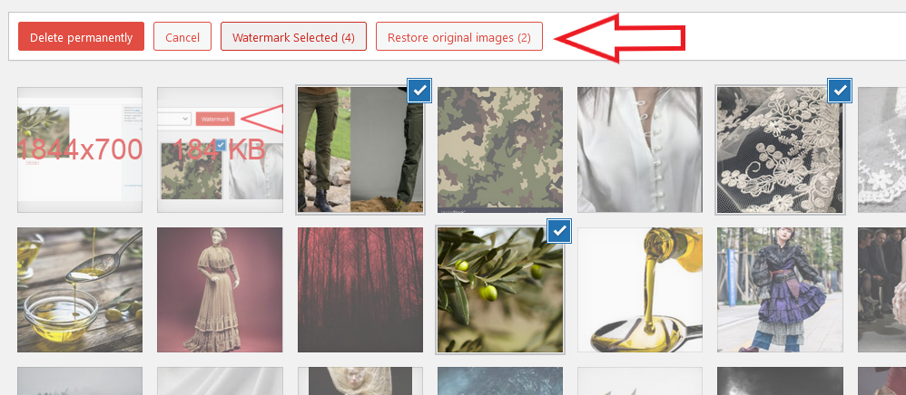 Bulk actions restore original images button in WordPress