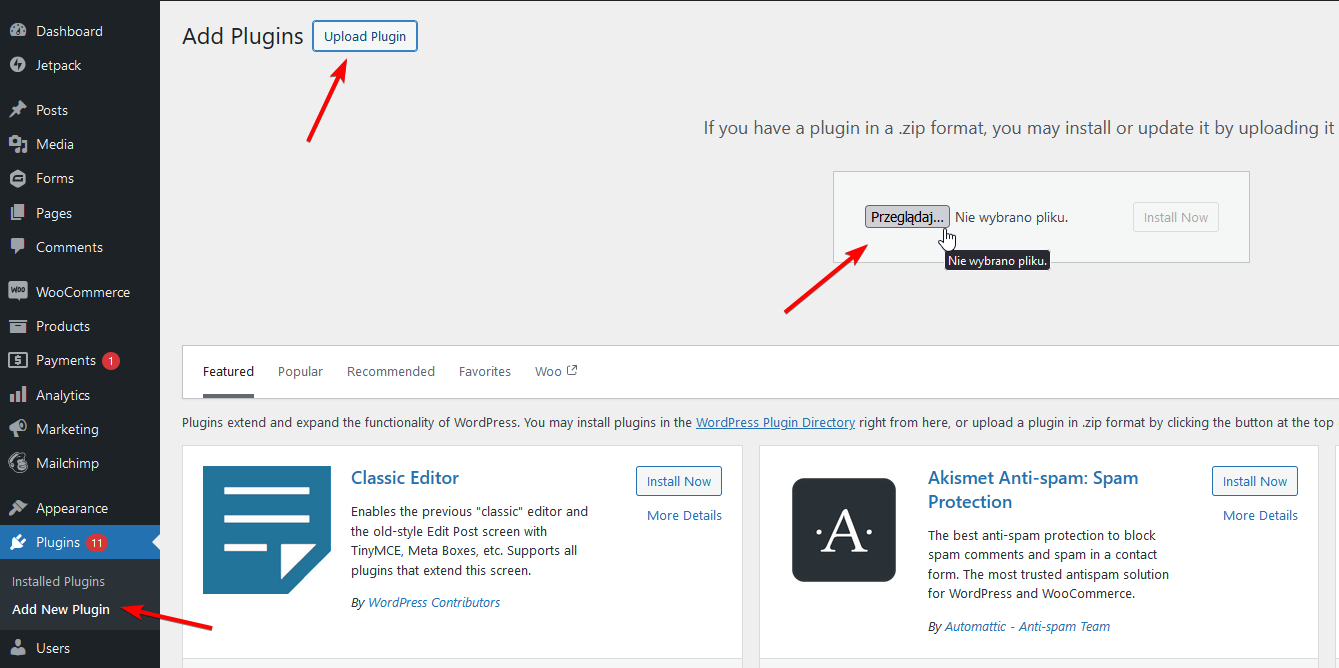 WordPress plugin upload interface for installing Pretty Email
