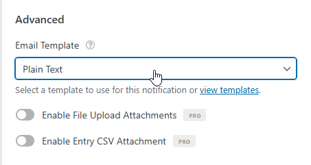 WPForms email template selection showing Plain Text option